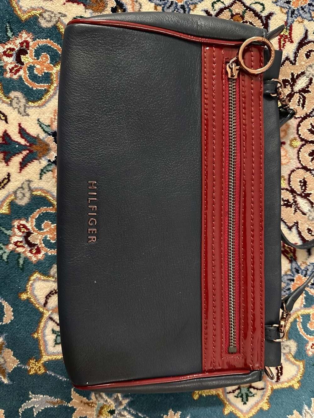 Tommy Hilfiger Navy and Red Faux Leather Crossbody Bag with Rose Gold Hardware